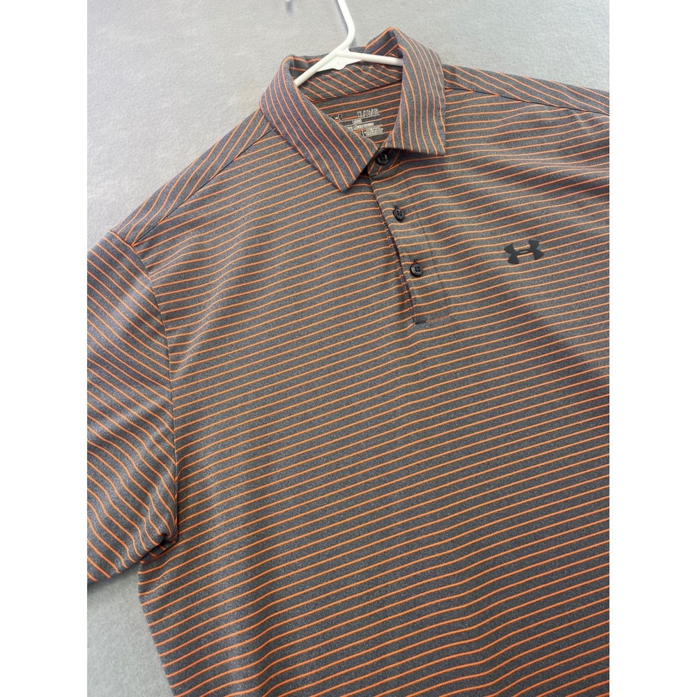 Under Armour Polo Shirt Mens XL Grey Orange flowy Striped HeatGear Loose Fit